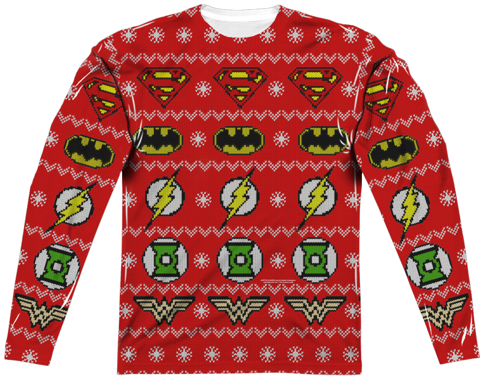 Justice League Sublimated Ugly Faux Christmas Sweater Long Sleeve Tee