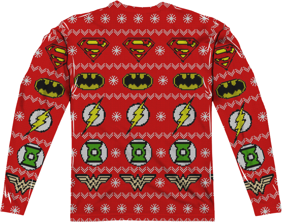 Justice League Sublimated Ugly Faux Christmas Sweater Long Sleeve Tee