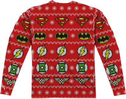 Justice League Sublimated Ugly Faux Christmas Sweater Long Sleeve Tee