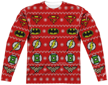 Justice League Sublimated Ugly Faux Christmas Sweater Long Sleeve Tee