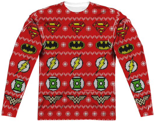 Justice League Sublimated Ugly Faux Christmas Sweater Long Sleeve Tee
