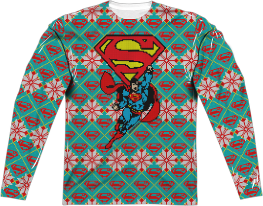 Superman Ugly Faux Christmas Sweater Long Sleeve Tee