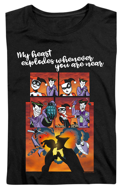 Womens Harley Quinn And The Joker Heart Explodes DC Comics Shirt